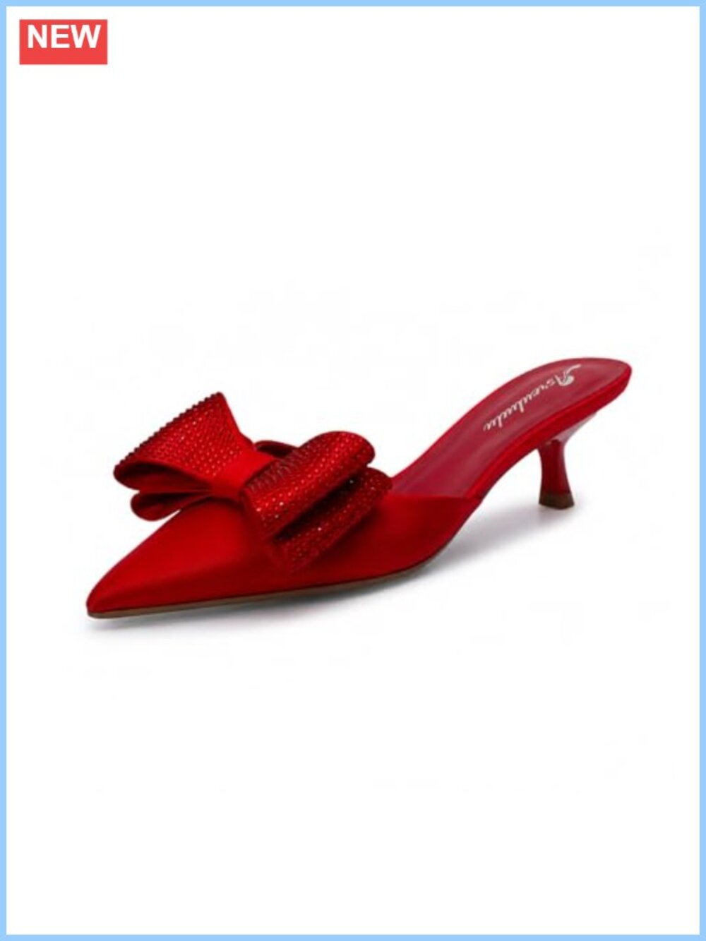 Kitten Heel Mules Pointed Toe Rhinestone Bow Cloth Slip-On Sandals Formal